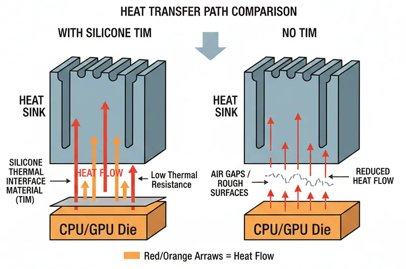 Heat transfer path using silicone TIM vs no TIM